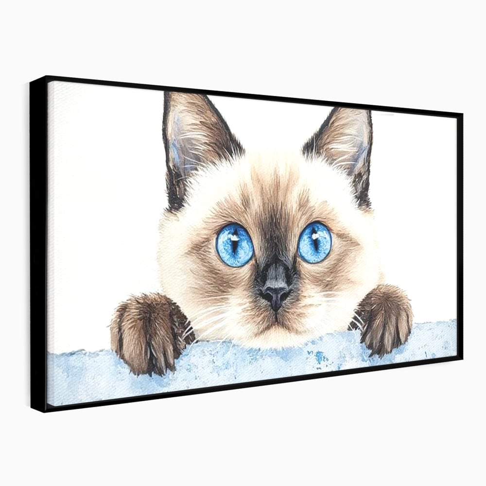 Tablou canvas cu tablou canvas cu pisica siameza si ochi albastrii, in rama de aluminiu negru